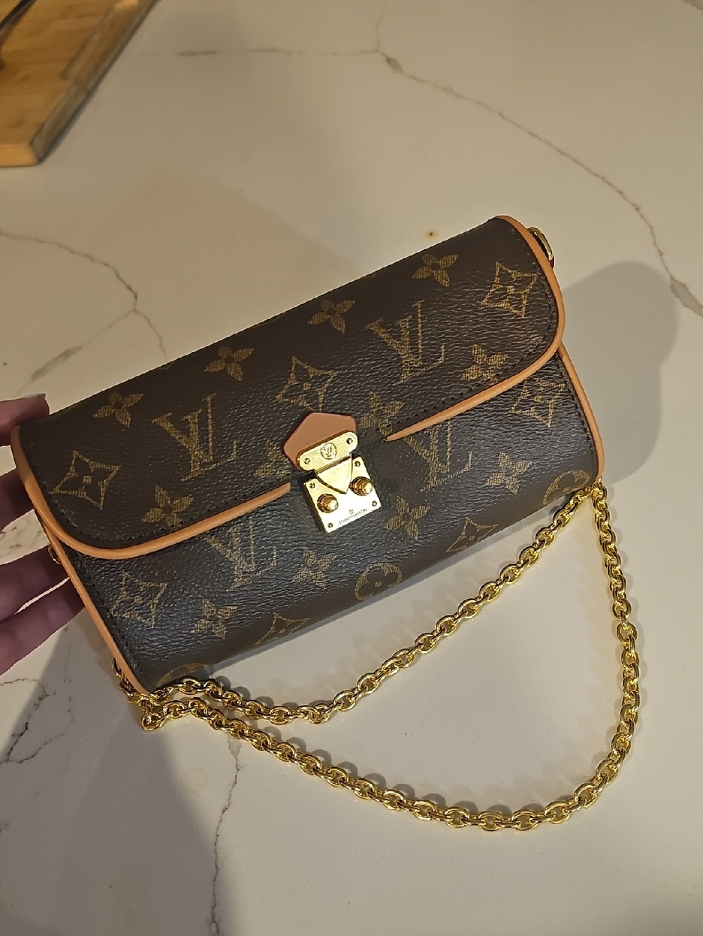 Leather Brown Monogram Gold-Chain Crossbody